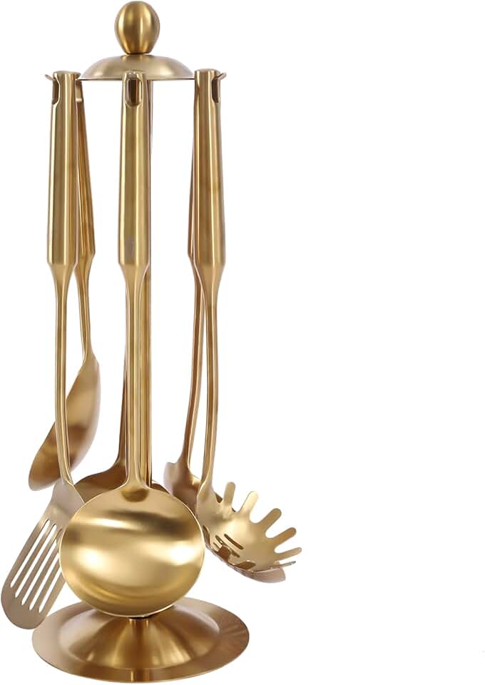 7-Piece Gold Stainless Steel Kitchenware Set with Stand