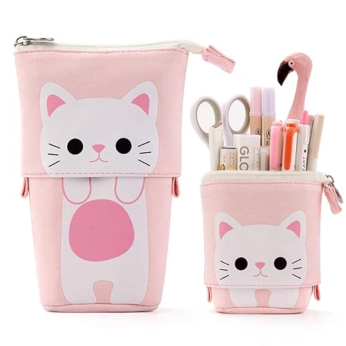 Pink cartoon cat pencil pouch for students