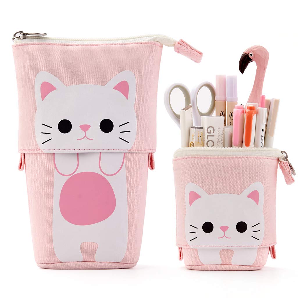 Pink cartoon cat pencil pouch for students
