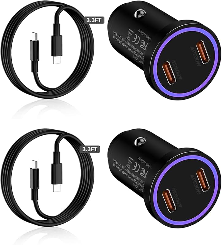 2-Pack 60W Dual USB-C Car Chargers with Cables