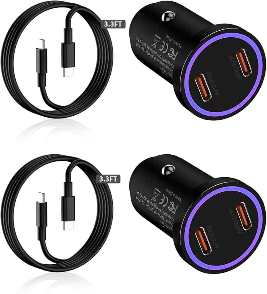 2-Pack 60W Dual USB-C Car Chargers with Cables