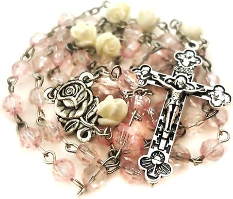 Pink Crystal Rose Rosary Beads for Women