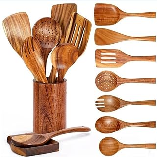 Nine-piece acacia wood kitchen utensil set with holder