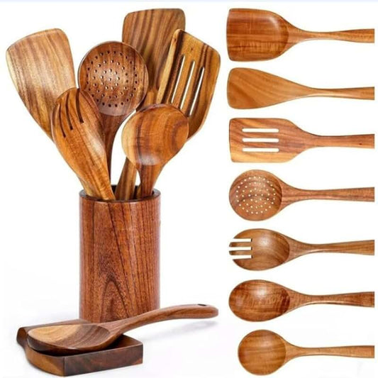Set of 4 Natural Teak Wooden Cooking Spoons