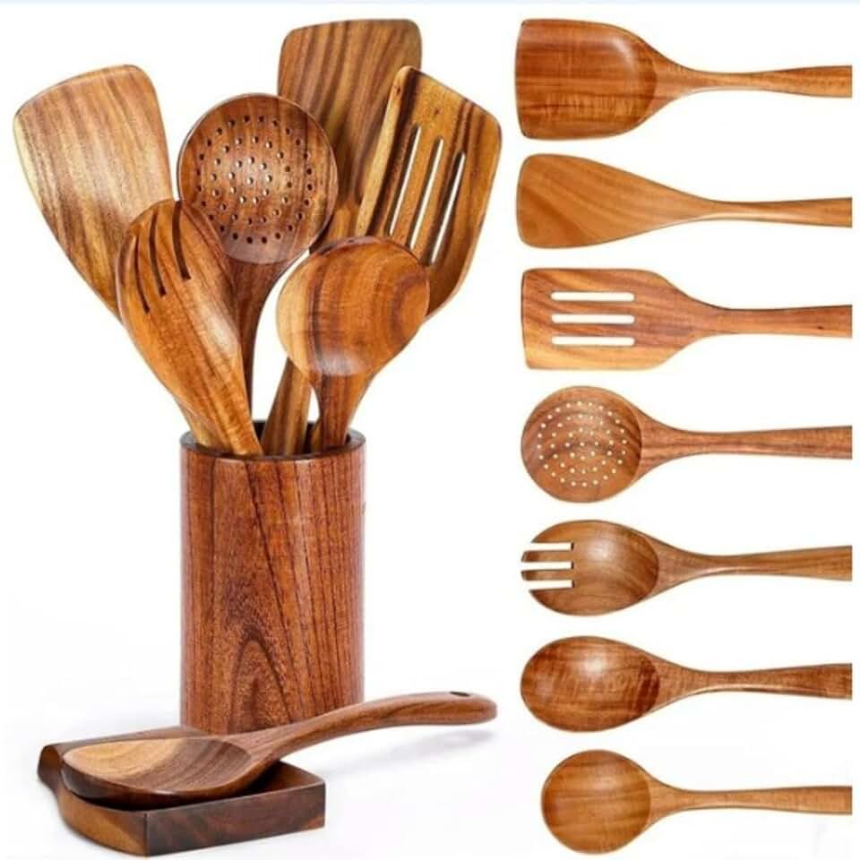Nine-piece acacia wood kitchen utensil set with holder
