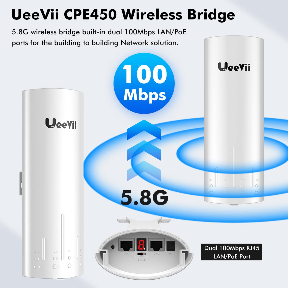 Wireless Bridge, 5.8G Outdoor CPE Point to Point Long Range Access with 14DBi High Gain 22 Mimo Antenna, PoE Adapter, 2 RJ45 LAN Ethernet Port, 2-Pack