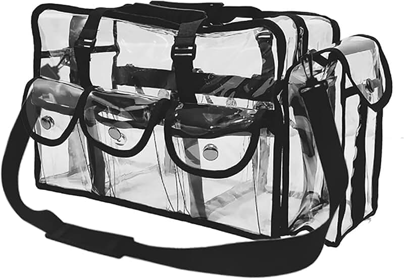 Clear travel makeup bag with 4 pockets and shoulder strap