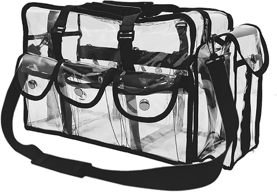 Clear travel makeup bag with 4 pockets and shoulder strap