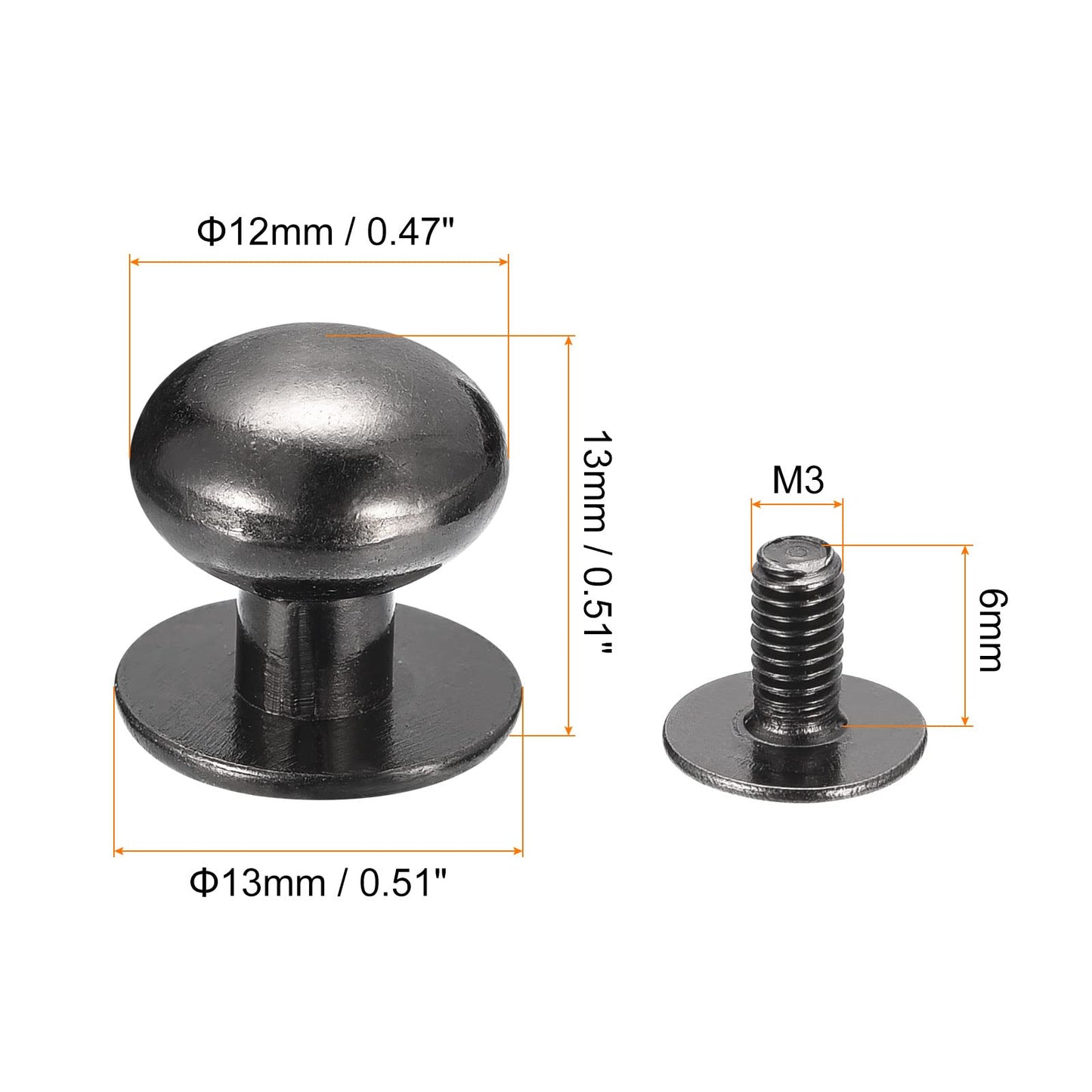 Metallic Black Stud Rivets 15 Pack 12mm Round Head
