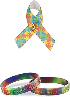 Satin Autism Puzzle Piece Ribbon Pin and Silicone Bracelet