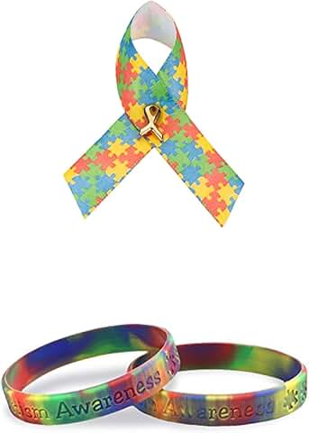 Satin Autism Puzzle Piece Ribbon Pin and Silicone Bracelet