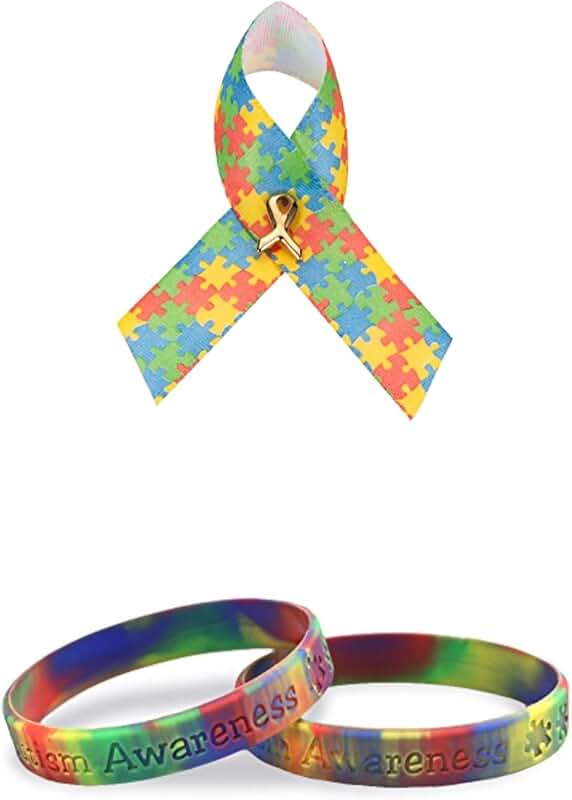 Satin Autism Puzzle Piece Ribbon Pin and Silicone Bracelet