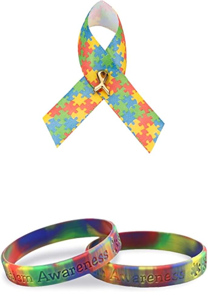 Satin Autism Puzzle Piece Ribbon Pin and Silicone Bracelet