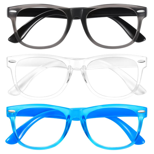 Blue Light Glasses for Kids 3 Pack Blue Light Blocking Glasses for Teen Boys Girls Age 3-10,Computer Screen Gaming TV Phone Glasses Anti Glare,UV & Eye Strain (Grey Black+Transparent+Blue)