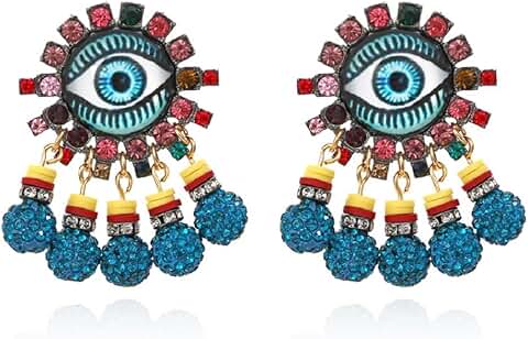 Blue Beaded Evil Eye Dangle Earrings for Women