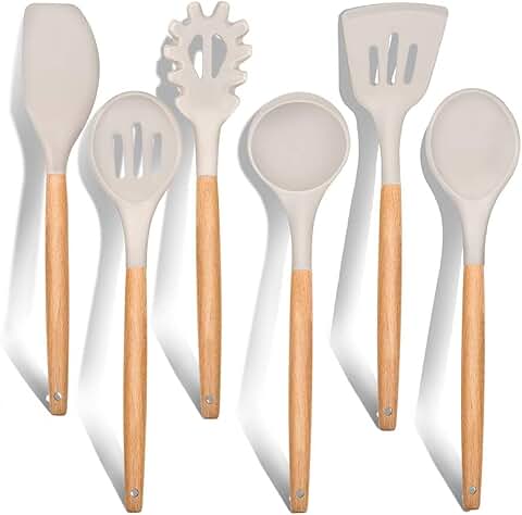 6-Piece Silicone Kitchen Utensil Set with Wooden Handles