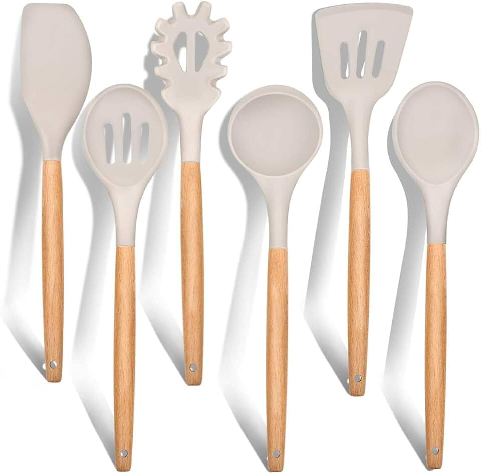 6-Piece Silicone Kitchen Utensil Set with Wooden Handles