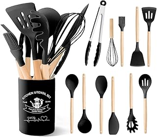 Black Silicone Kitchen Utensils Set with Wooden Handles