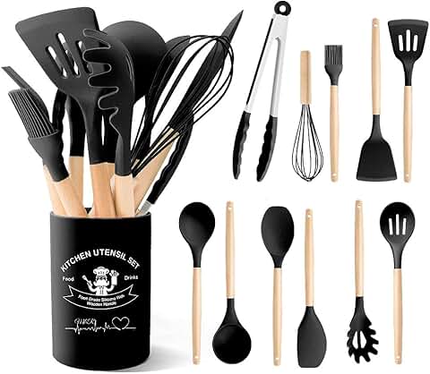 Black Silicone Kitchen Utensils Set with Wooden Handles