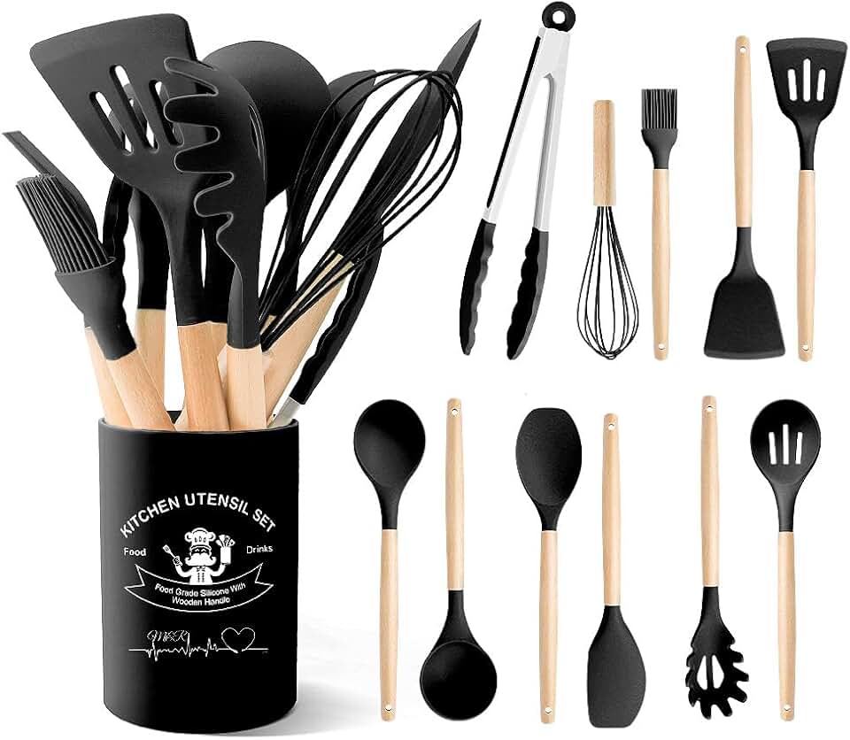 Black Silicone Kitchen Utensils Set with Wooden Handles