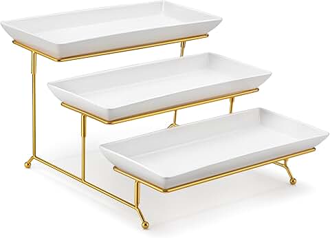 Three-tier porcelain serving tray with gold rack