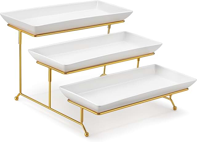 Three-tier porcelain serving tray with gold rack