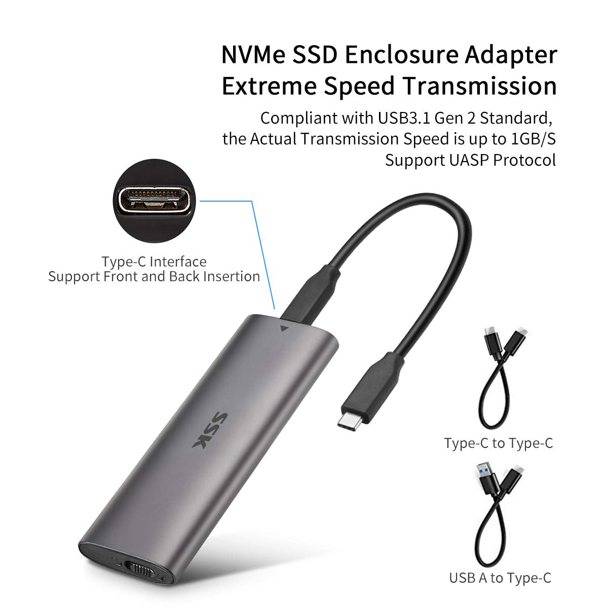 Aluminum USB C to M.2 NVMe SSD Tool-Free Enclosure Reader, USB 3.1/3.2 Gen 2(10Gbps) to NVMe PCI-E M-Key Solid State Drive External Adapter Support UASP Trim (Fits only NVMe SSDs 2242/2260/2280)