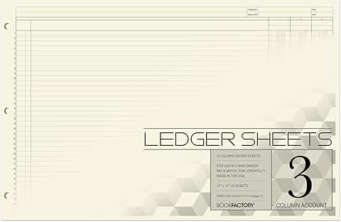 Large 3-Column Ledger Sheets, 50 Pages, 17x11 inches