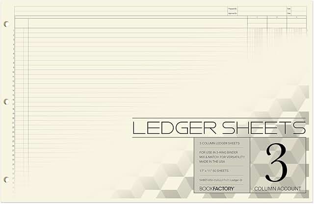 Large 3-Column Ledger Sheets, 50 Pages, 17x11 inches
