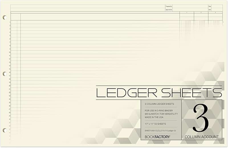 Large 3-Column Ledger Sheets, 50 Pages, 17x11 inches