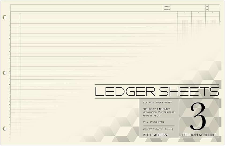 Large 3-Column Ledger Sheets, 50 Pages, 17x11 inches
