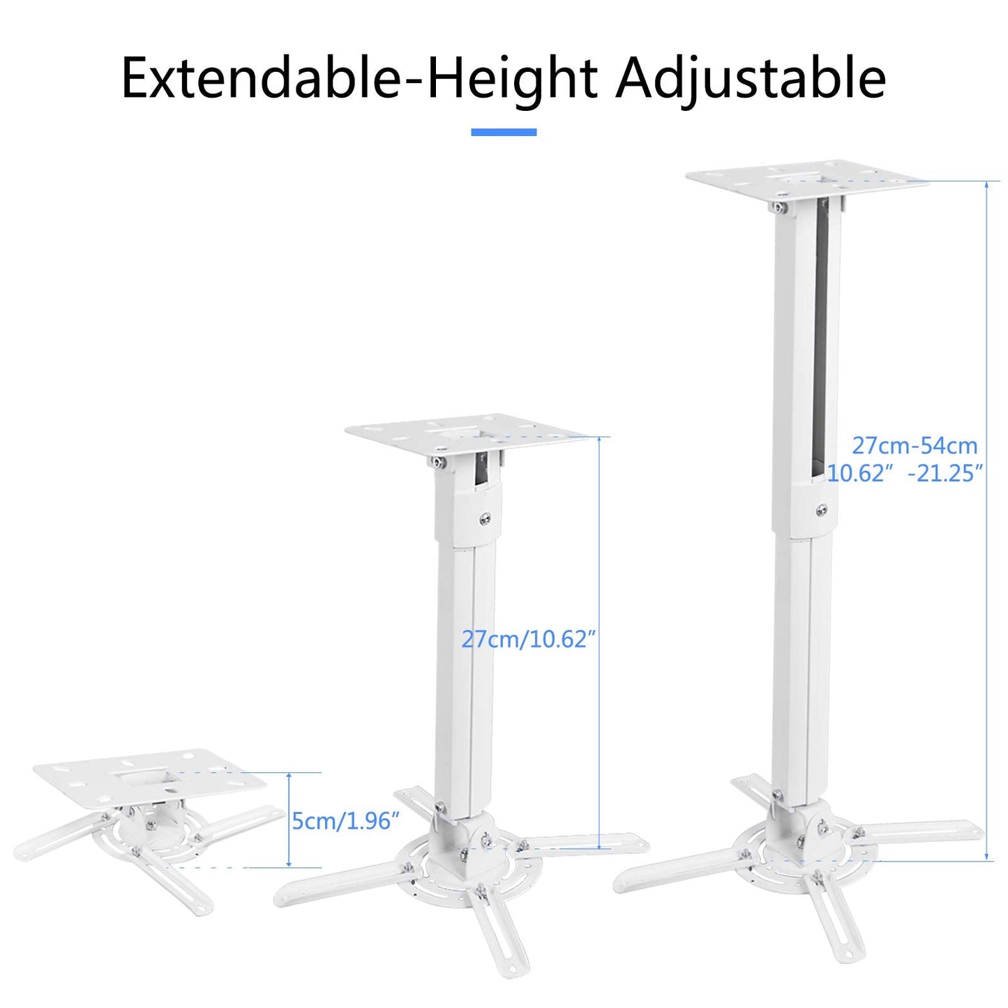 White Projector Ceiling Mount Bracket Fits Flat or Sloped Ceiling Height Adjustable with Extendable Length for LCD/DLP Projectors (PR05)