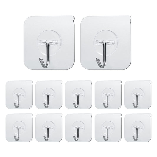 Premium Wall Hooks, 22 lbs(MAX) Heavy Duty Self Adhesive Hooks, Nail Free Transparent Seamless Hooks, Waterproof and Oilproof, Suitable for Bathroom Kitchen Reusable Utility Hooks -12PCS