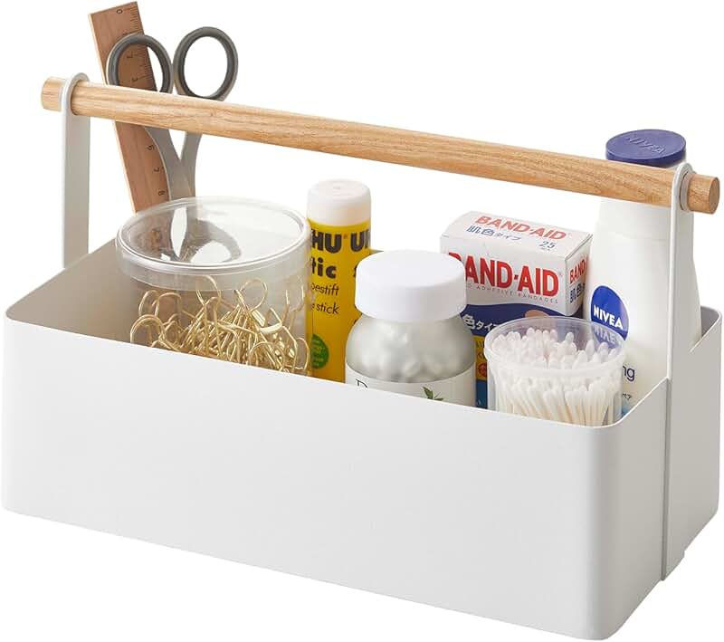 Large White Steel and Wood Storage Basket