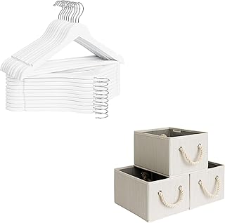 White wooden hangers and fabric storage bins pack