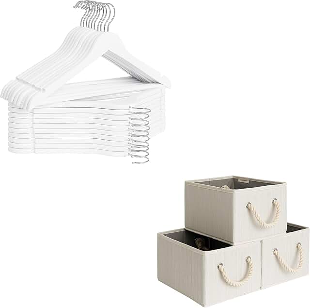 White wooden hangers and fabric storage bins pack