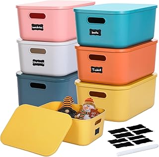 Six Colorful Plastic Storage Bins, 14 Inches