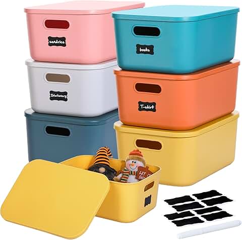 Six Colorful Plastic Storage Bins, 14 Inches