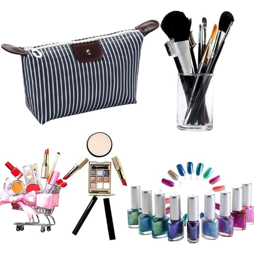 MODAIO-Waterproof Striped Dumpling Makeup Large Foldable Cosmetic Travel Bag (Black)