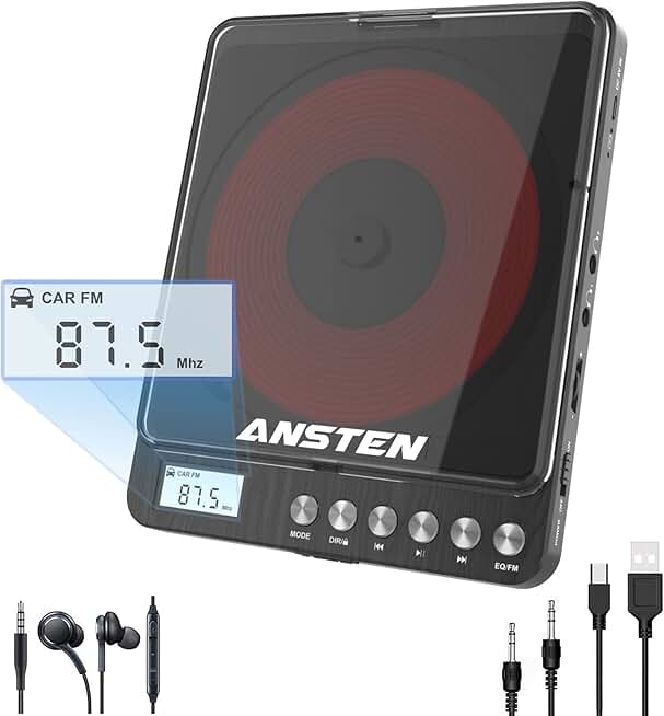 Portable CD Player with Built-in Speakers and Headphone Jack