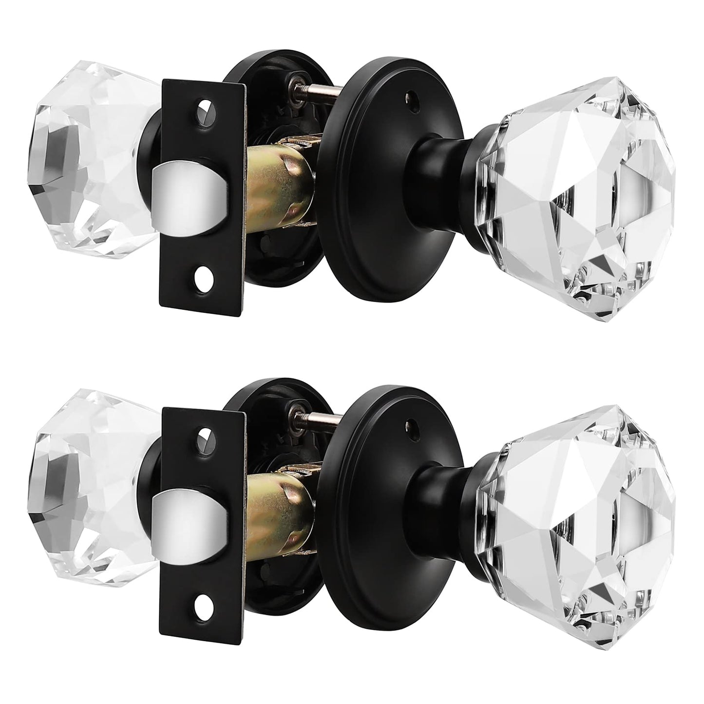 2 Pack Crystal Privacy Door Knobs for Bed/Bath Room, Keyless In or Door Handles with Lock, Faceted Diamond Shape Gl with Zinc Alloy Black Rosette
