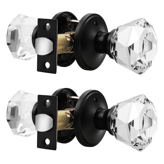 2 Pack Crystal Privacy Door Knobs for Bed/Bath Room, Keyless In or Door Handles with Lock, Faceted Diamond Shape Gl with Zinc Alloy Black Rosette