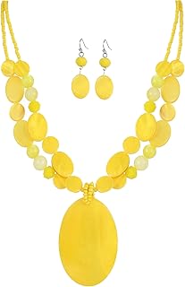 Oval geometric pendant necklace with colorful beads and matching earrings