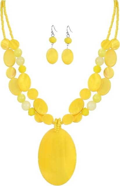 Oval geometric pendant necklace with colorful beads and matching earrings