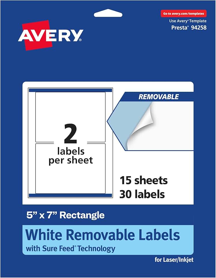 Matte White Removable Rectangle Labels, 5x7, 30 sheets