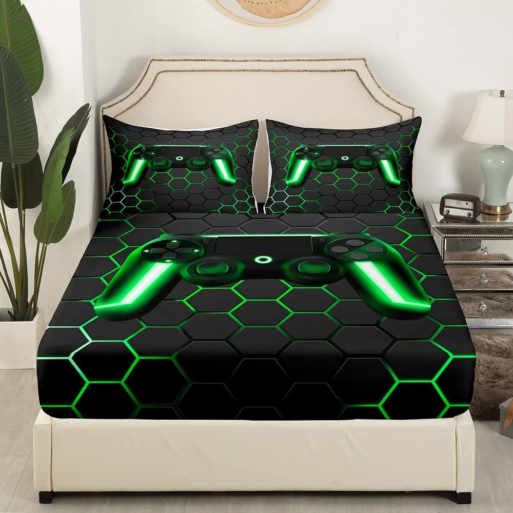 Game Bed Sheets for Boys,Gaming Sheet Set Full,Kids Gamer Flat Sheet Neon Lights Gamepad Fitted Sheet for Teen Men Bedroom,Geometry Honeycomb Hexagon Bedding Sheets  Pillowcases Sets,Green Grey