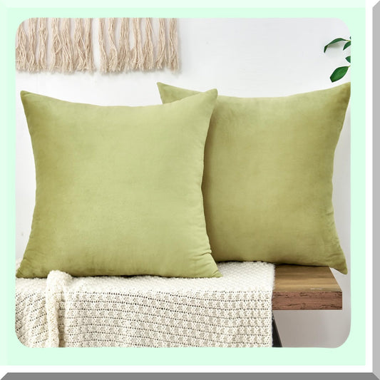 Velvet Green Farmhouse Pillowcase Set - Soft 18x18 Inch Square Cushion Covers for Couch Sofa Bed Living Room Decor - Boho Accent Pillow Covers
