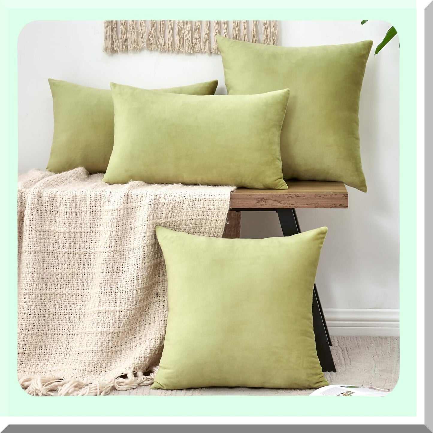 Velvet Green Farmhouse Pillowcase Set - Soft 18x18 Inch Square Cushion Covers for Couch Sofa Bed Living Room Decor - Boho Accent Pillow Covers