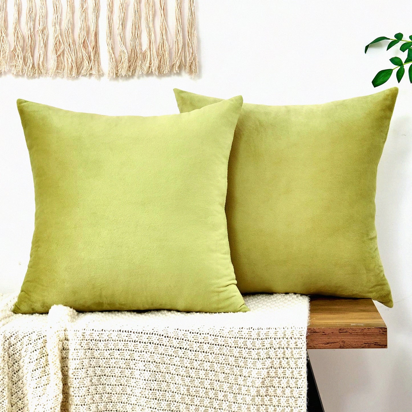 Velvet Green Farmhouse Pillowcase Set - Soft 18x18 Inch Square Cushion Covers for Couch Sofa Bed Living Room Decor - Boho Accent Pillow Covers