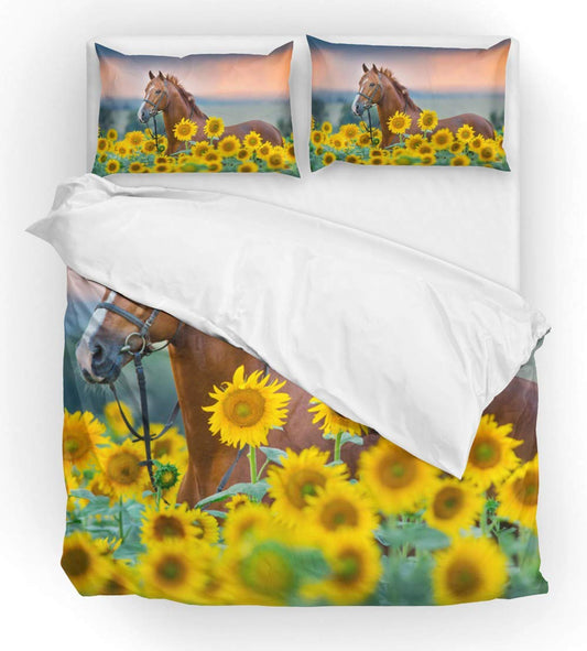 Duvet Cover Sets Full Size Horse On The Sunflower Field Soft Microfiber Comforter Protector Set 3 PCS(1 Duvet and 2 Pillow Shams) Bedding Set 80 x 90 Inches